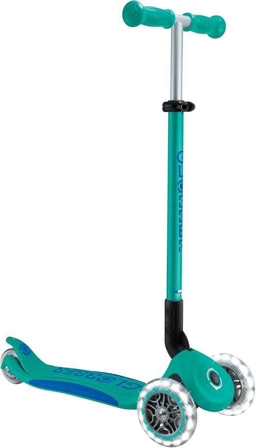 Globber Primo Foldable Plus Lights Scooter-Emerald Green and Navy Blue