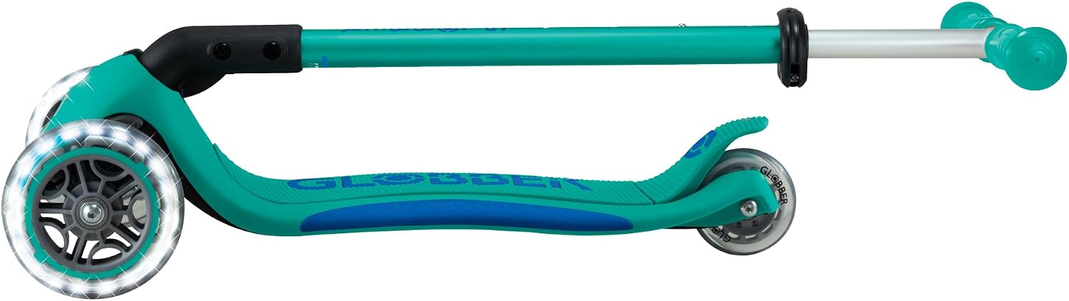 Globber Primo Foldable Plus Lights Scooter-Emerald Green and Navy Blue