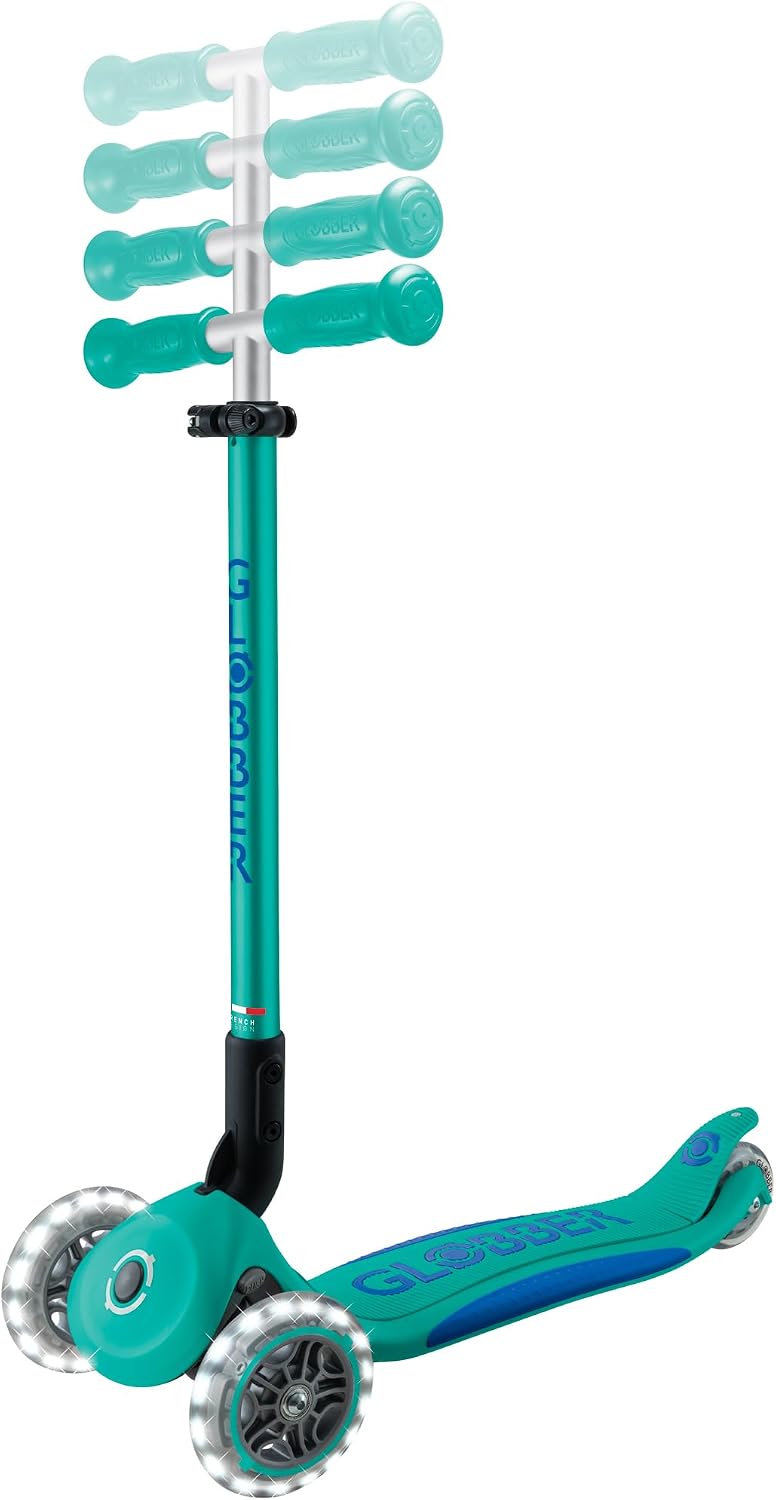 Globber Primo Foldable Plus Lights Scooter-Emerald Green and Navy Blue