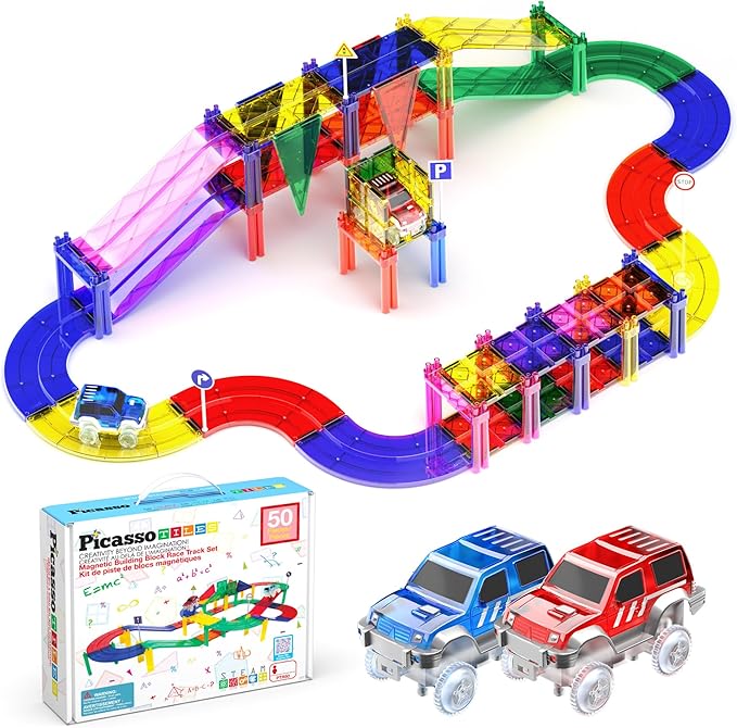 Buy PicassoTiles Magnetic Tiles Race Track with LED Cars 50pcs | Yallatoys.com